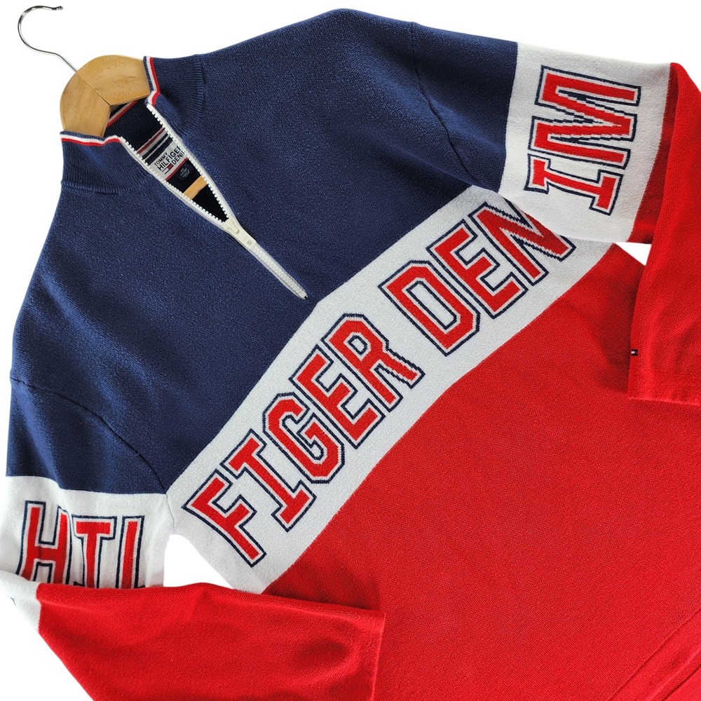Tommy Hilfiger Denim Quarter Zip Mens XS Red Navy Colorblock Cotton Sweater